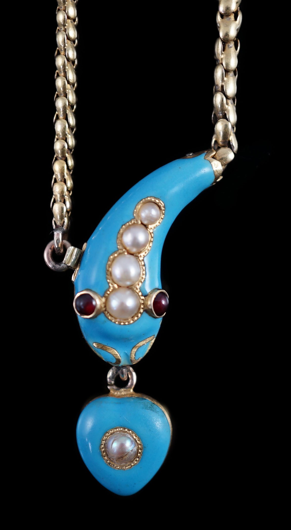 A late Victorian gold, enamel and split pearl set serpent drop mourning necklace